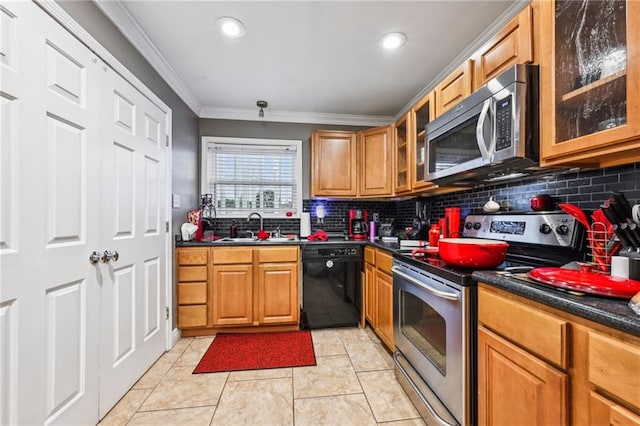 kitchen featuring decorative backsplash, ornamental molding, stainless steel appliances, sink, and light tile patterned floors