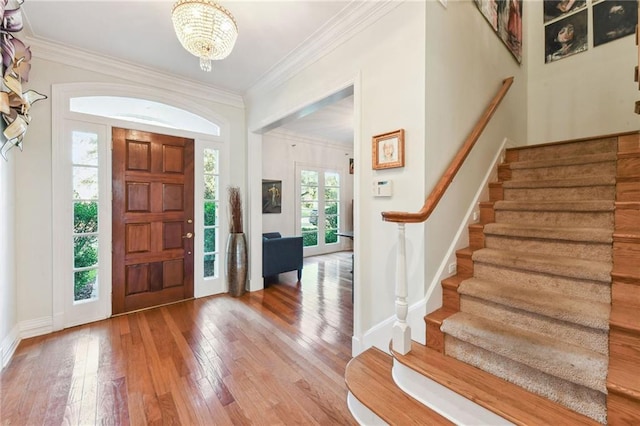 entrance foyer with hardwood / wood-style floors, crown molding, and a chandelier