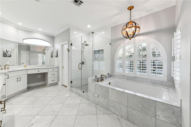 bathroom featuring tile patterned floors, crown molding, vanity, and shower with separate bathtub