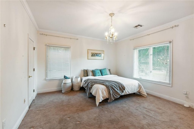 carpeted bedroom with crown molding and a notable chandelier