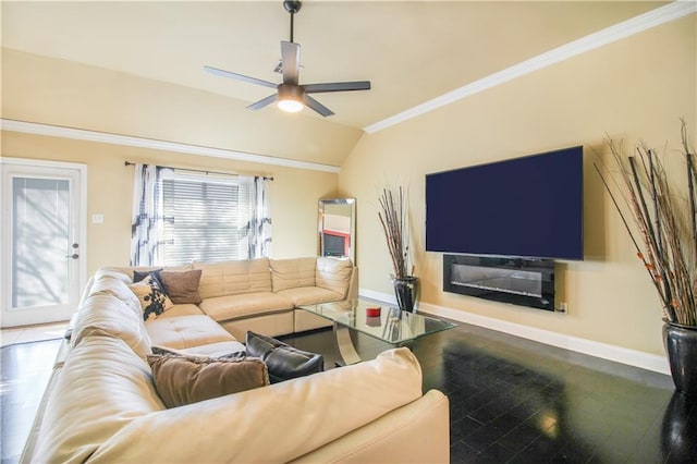 living room with ceiling fan, hardwood / wood-style floors, vaulted ceiling, and ornamental molding