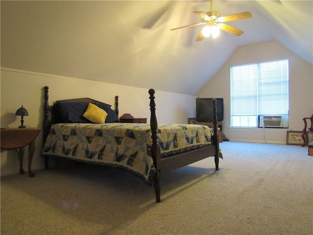 carpeted bedroom featuring ceiling fan, cooling unit, and lofted ceiling