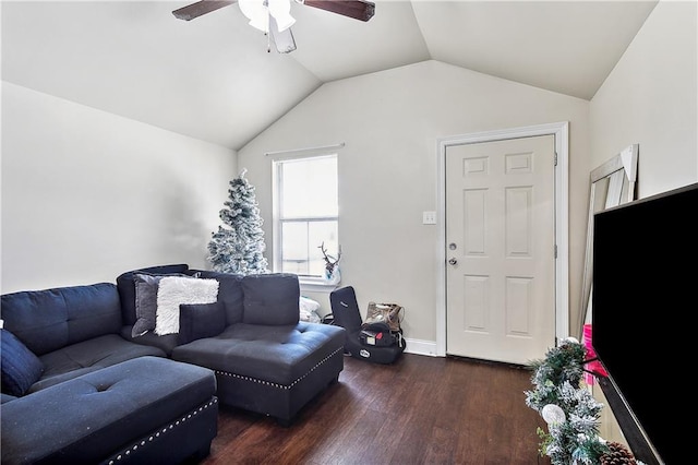 living room featuring dark hardwood / wood-style flooring, vaulted ceiling, and ceiling fan