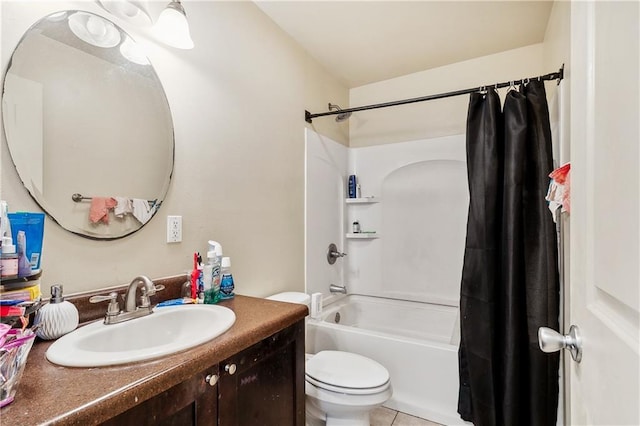 full bathroom featuring vanity, tile patterned flooring, shower / bathtub combination with curtain, and toilet