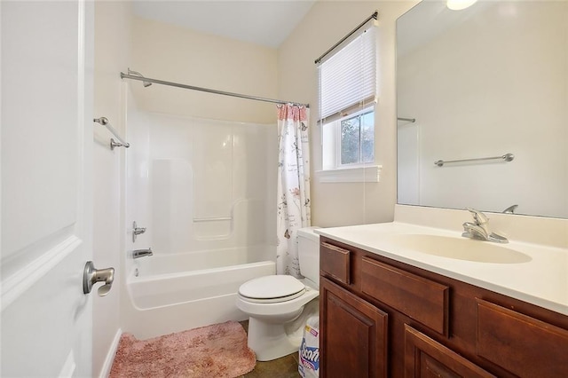 full bathroom featuring shower / bath combination with curtain, vanity, and toilet