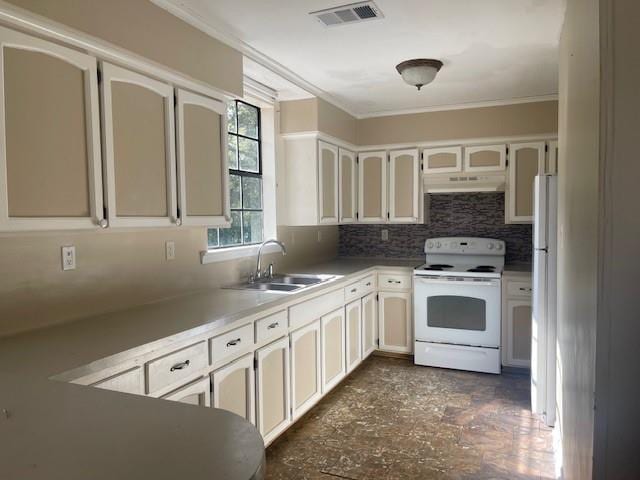 kitchen featuring backsplash, white cabinetry, sink, and white appliances