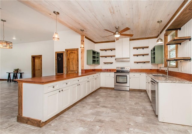 kitchen with kitchen peninsula, white cabinets, pendant lighting, and appliances with stainless steel finishes