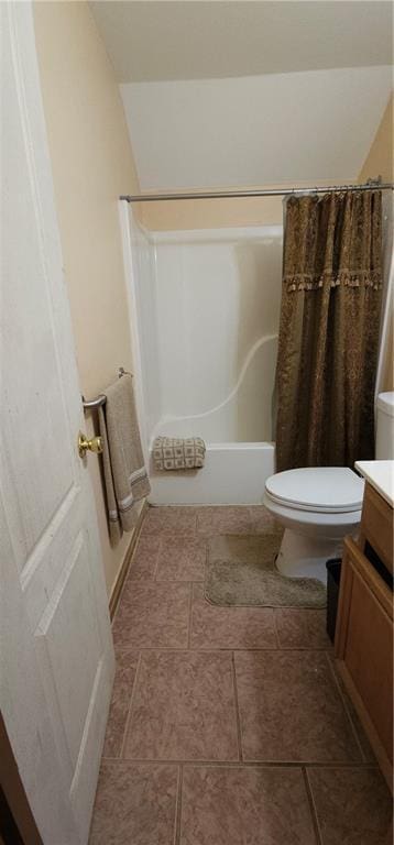 full bathroom with vanity, toilet, and shower / bath combo with shower curtain