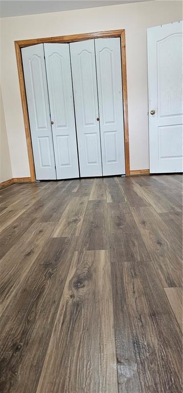 unfurnished bedroom featuring dark hardwood / wood-style floors and a closet