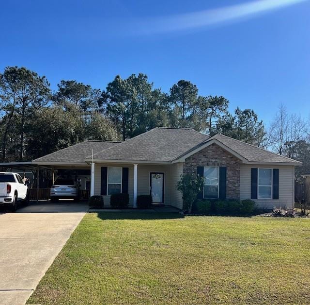 ranch-style house with driveway, a shingled roof, a front lawn, and an attached carport