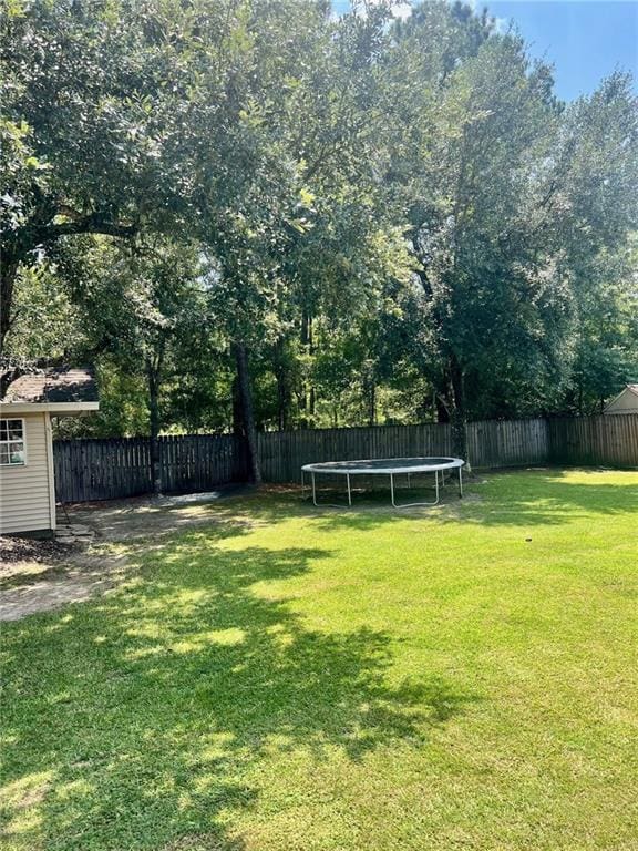 view of yard with a fenced backyard and a trampoline