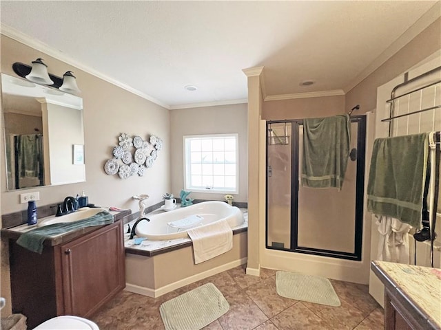 bathroom featuring crown molding, tile patterned flooring, vanity, and shower with separate bathtub