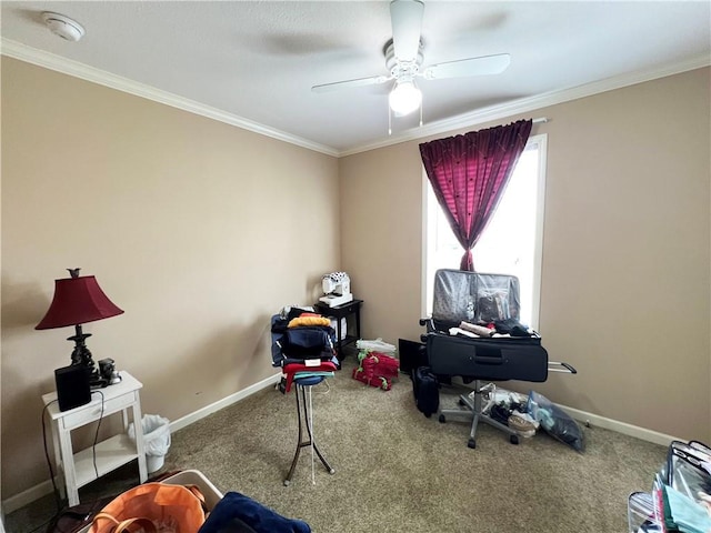 interior space featuring ceiling fan and crown molding