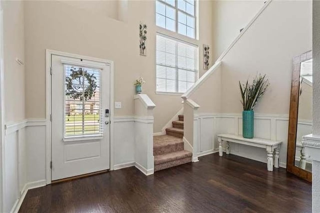 foyer entrance featuring a towering ceiling and dark hardwood / wood-style flooring