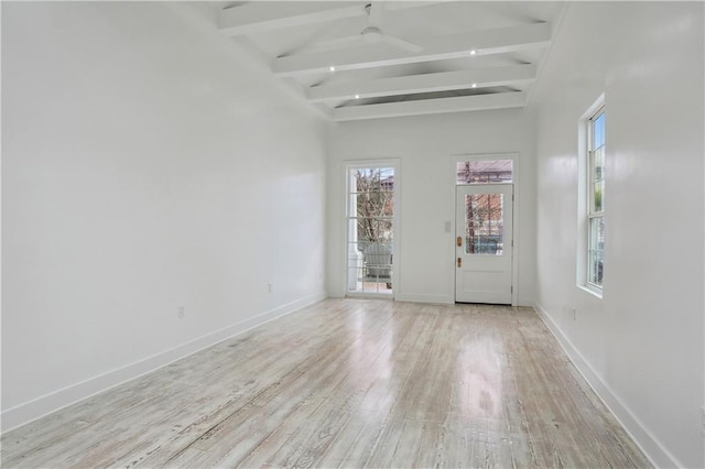 interior space featuring ceiling fan, light hardwood / wood-style flooring, beamed ceiling, and high vaulted ceiling