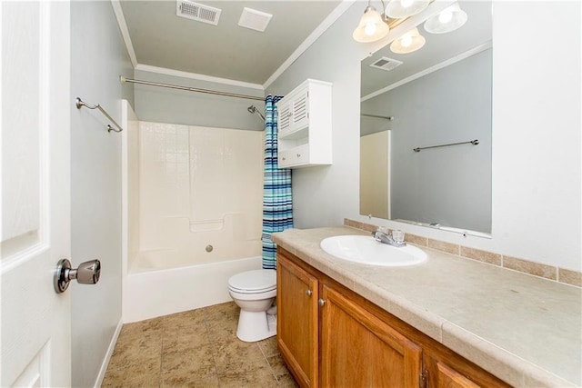 full bathroom featuring shower / bathing tub combination, vanity, toilet, and ornamental molding