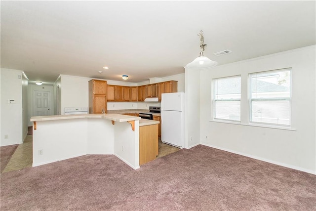 kitchen with pendant lighting, light carpet, white refrigerator, electric range, and extractor fan