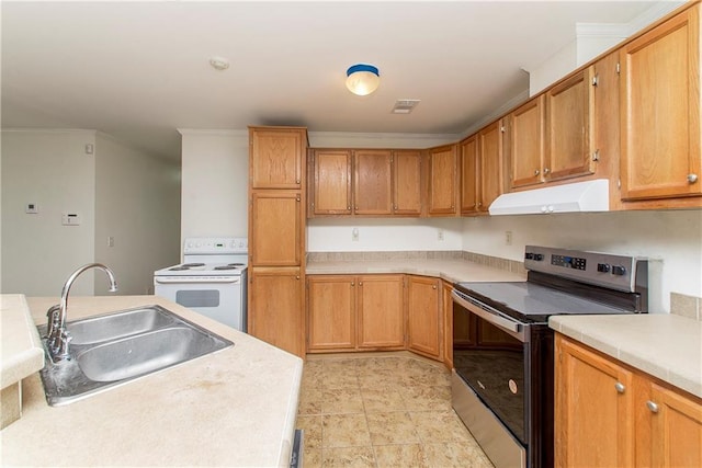 kitchen featuring stainless steel range with electric stovetop, ornamental molding, sink, light tile patterned floors, and white electric range