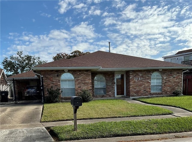 ranch-style home with a carport and a front yard