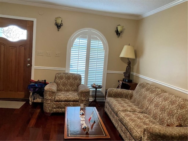 living room featuring crown molding and dark hardwood / wood-style flooring