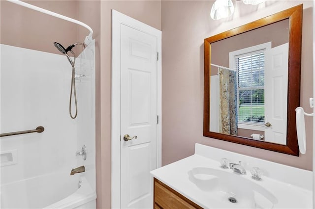 bathroom with vanity and shower / tub combo with curtain