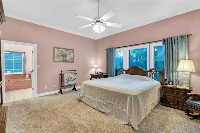 bedroom with connected bathroom, ceiling fan, light colored carpet, and ornamental molding