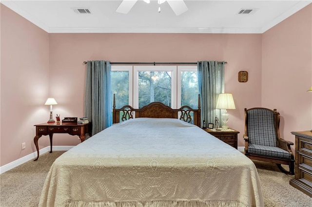 bedroom featuring carpet flooring, ceiling fan, and ornamental molding