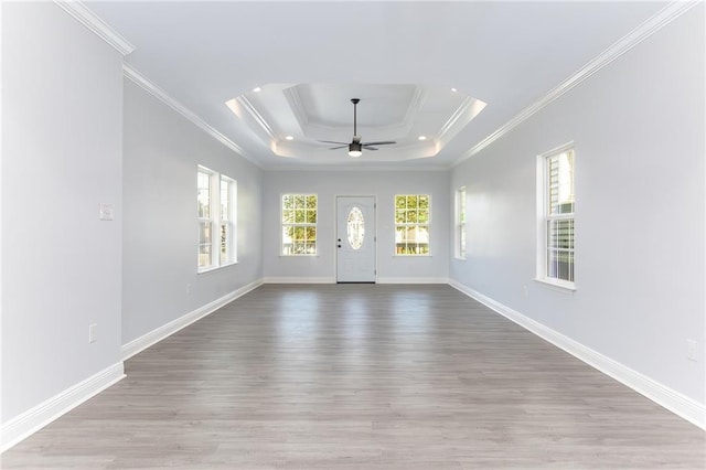 spare room with a raised ceiling, light hardwood / wood-style flooring, ceiling fan, and crown molding