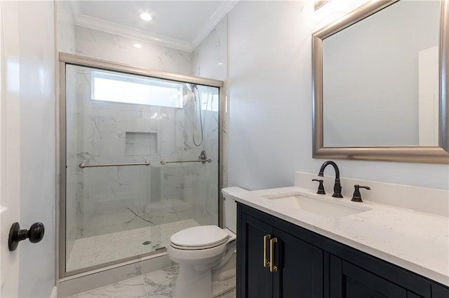 bathroom featuring crown molding, vanity, an enclosed shower, and toilet