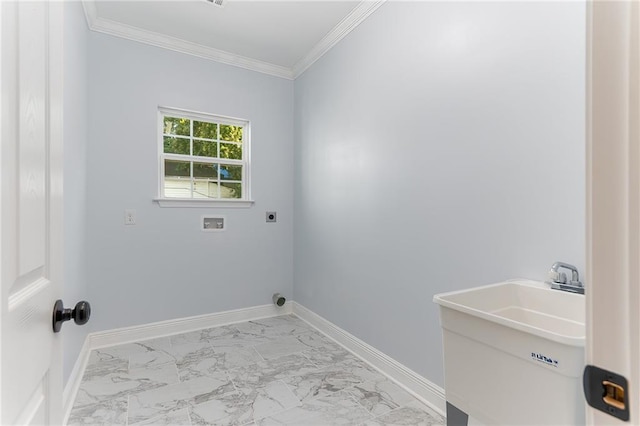 clothes washing area featuring washer hookup, crown molding, electric dryer hookup, and sink