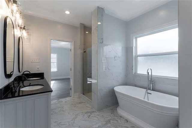 bathroom with vanity, separate shower and tub, and plenty of natural light