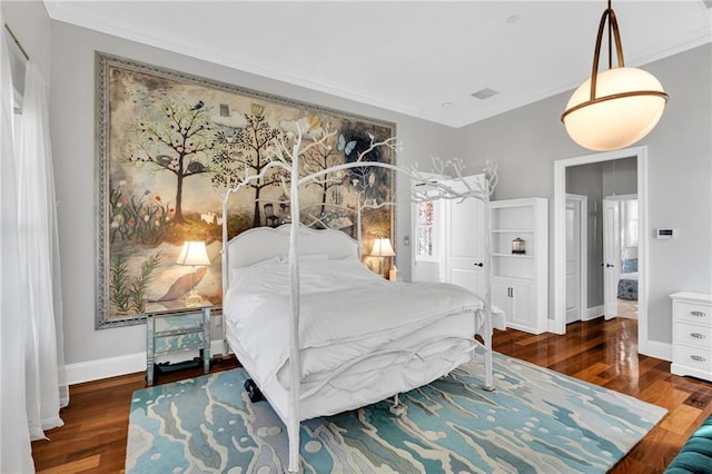 bedroom featuring dark wood-type flooring and ornamental molding