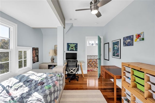 bedroom with light hardwood / wood-style flooring and ceiling fan