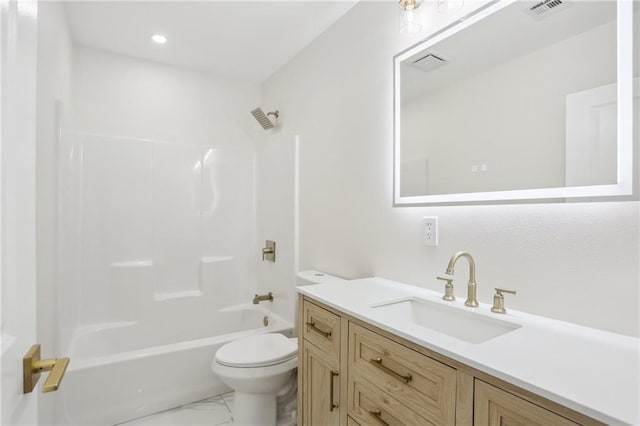 full bathroom featuring bathing tub / shower combination, vanity, and toilet