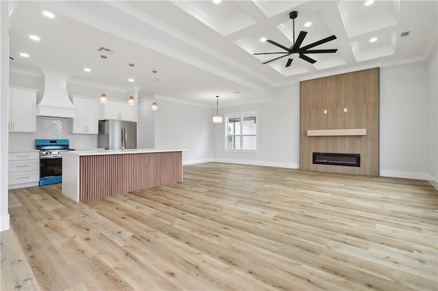 kitchen with white cabinetry, appliances with stainless steel finishes, light hardwood / wood-style floors, a kitchen island, and custom exhaust hood