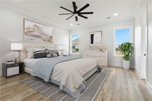 bedroom featuring ceiling fan and light wood-type flooring