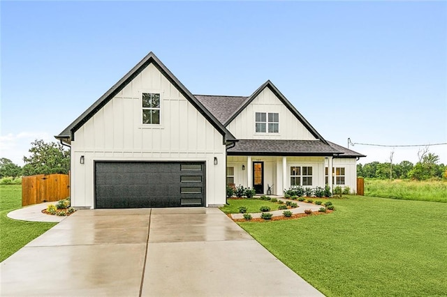 modern farmhouse style home with a front yard