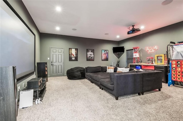 home theater featuring light carpet