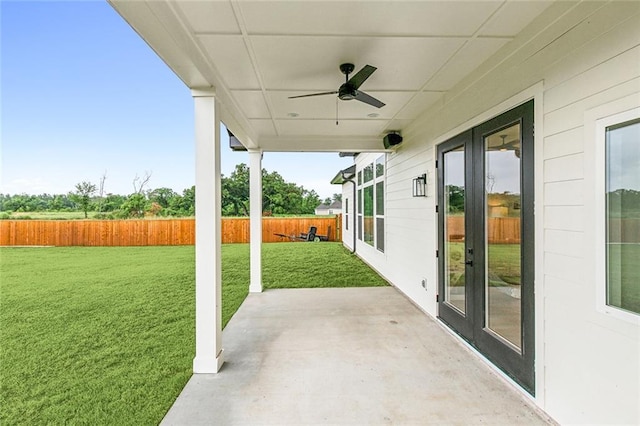 view of patio / terrace with french doors and ceiling fan