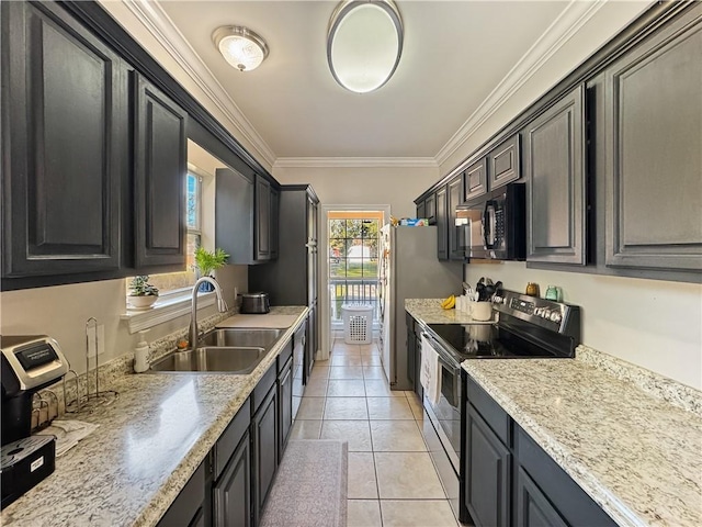 kitchen featuring crown molding, sink, light stone countertops, light tile patterned flooring, and stainless steel appliances