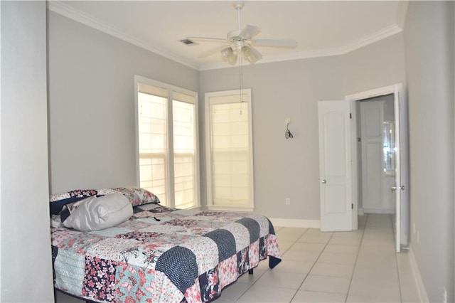 tiled bedroom with ceiling fan and ornamental molding