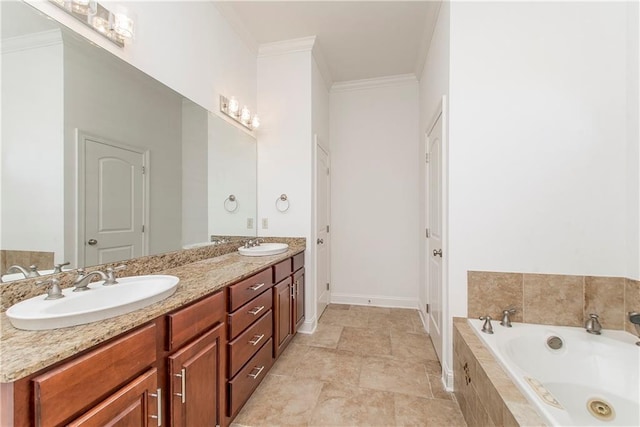 bathroom featuring vanity, ornamental molding, and tiled tub