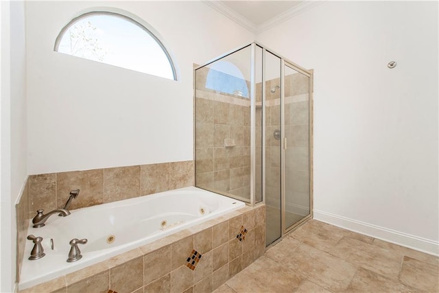 bathroom with tile patterned floors, crown molding, and shower with separate bathtub