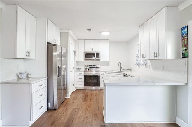 kitchen with white cabinetry, sink, light hardwood / wood-style flooring, kitchen peninsula, and appliances with stainless steel finishes