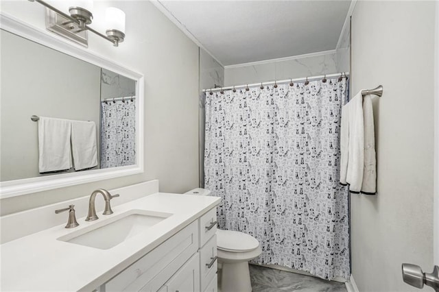 bathroom with vanity, toilet, and walk in shower