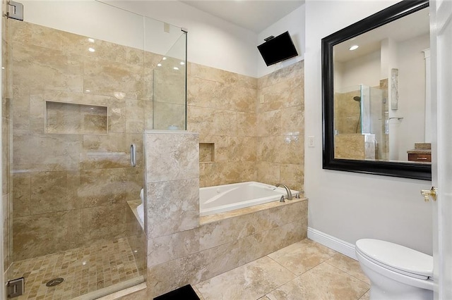 bathroom featuring tile patterned floors, separate shower and tub, and toilet