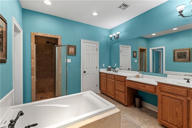 bathroom featuring tile patterned flooring, vanity, and independent shower and bath