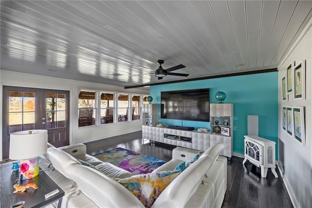 living room featuring french doors, ornamental molding, wood ceiling, ceiling fan, and hardwood / wood-style flooring