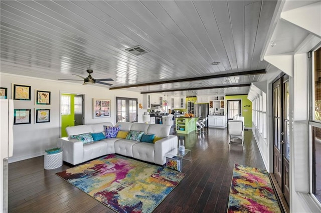 living room with dark hardwood / wood-style floors, ceiling fan, and wooden ceiling