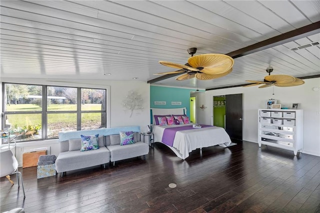 bedroom with dark hardwood / wood-style floors, ceiling fan, and lofted ceiling